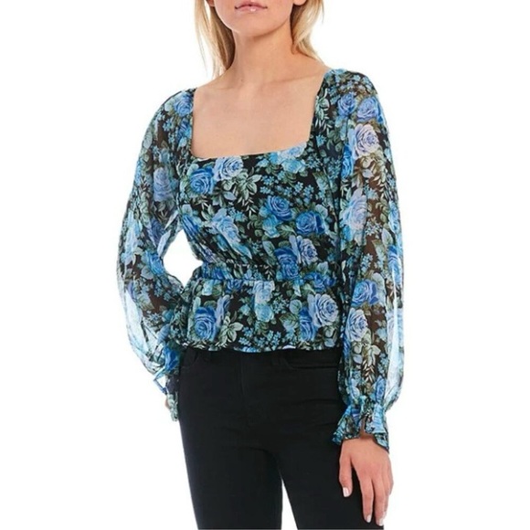 NWT WAYF Blue Rose Open Back Smocked Peplum Blouse - Picture 2 of 12